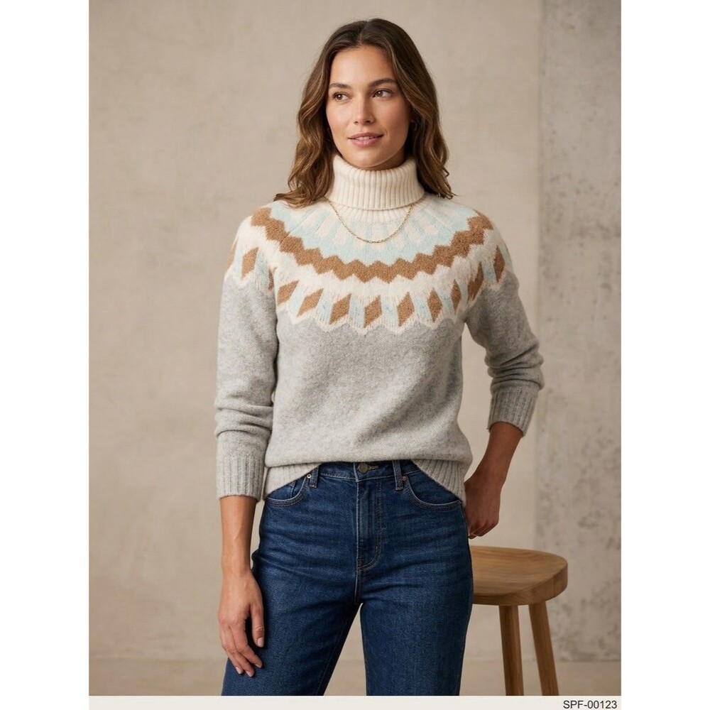 ⁠J Crew Alpaca Wool Blend Fair Isle Turtleneck Sweater Womens XL Gray Apres Ski